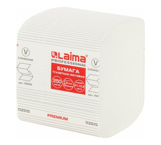 Изображение товара Листовая туалетная бумага LAIMA T3 PREMIUM 250 шт, 2 слоя, белая, 21х11 см, комплект 30 пачек 112515