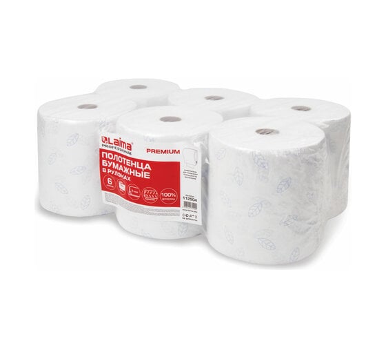 Изображение товара Рулонные бумажные полотенца ЛАЙМА H1 PREMIUM 150 м, 2 слоя, белые с цветным тиснением, комплект 6 рулонов 112504