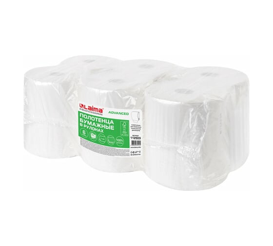Изображение товара Рулонные бумажные полотенца ЛАЙМА H1 ADVANCED 200 м, 1 слой, белые, комплект 6 рулонов 112503