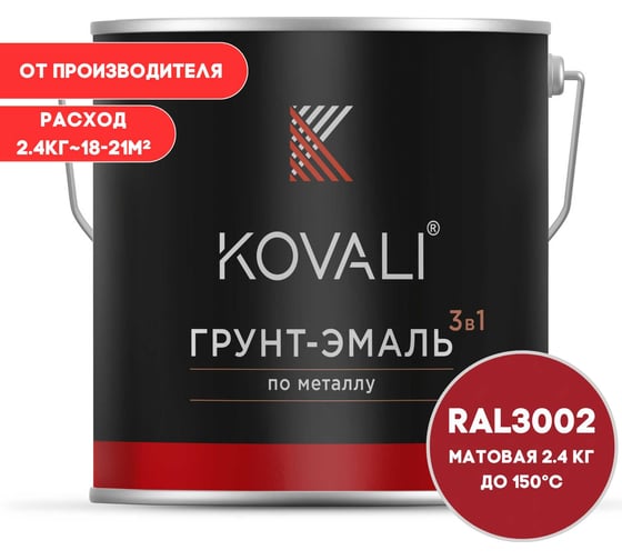 Изображение товара Грунт-эмаль KOVALI 3 в 1 матовая, Карминно-красная, RAL 3002, 2.4 кг kov3.1.5С3002 kov3.2.5C3002