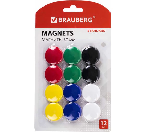 Изображение товара Магниты BRAUBERG STANDARD 30 мм, набор 12 шт, ассорти 237472