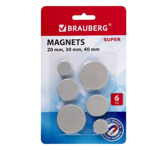 Изображение товара Мощные магниты BRAUBERG SUPER, набор 20 мм - 2 шт, 30 мм - 2 шт, 40 мм - 2 шт, серые 237481