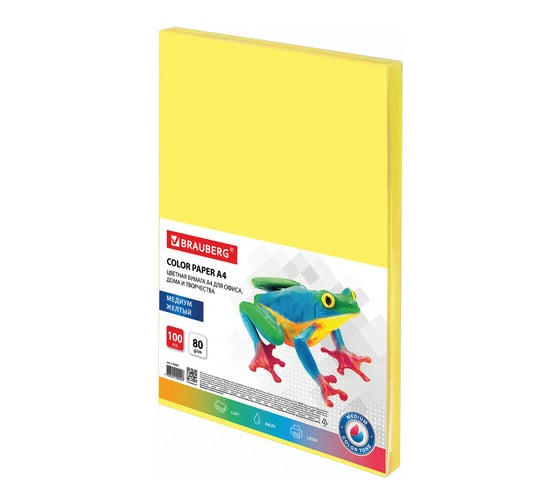 Изображение товара Цветная бумага BRAUBERG А4, 80г/м, 100 листов, медиум, желтая, для офисной техники 112454