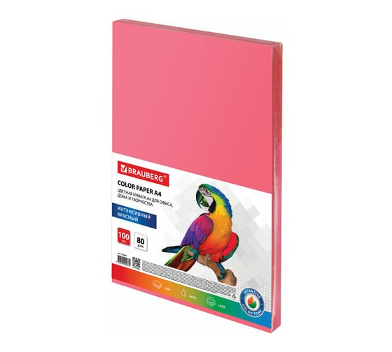 Изображение товара Цветная бумага BRAUBERG А4, 80г/м, 100 листов, интенсив, красная, для офисной техники 112449