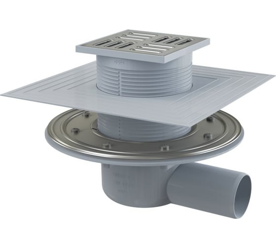 Изображение товара Трап Alca Plast регулирующий, горизонтальный выпуск, комбинированный затвор, Дн50 решетка нерж сталь, 105х105 мм APV1324 004-0795