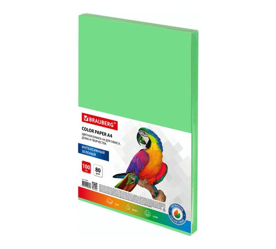 Изображение товара Цветная бумага BRAUBERG А4, 80г/м, 100 листов, интенсив, зеленая, для офисной техники 112451