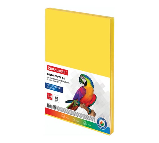 Изображение товара Цветная бумага BRAUBERG А4, 80г/м, 100 листов, интенсив, желтая, для офисной техники 112450