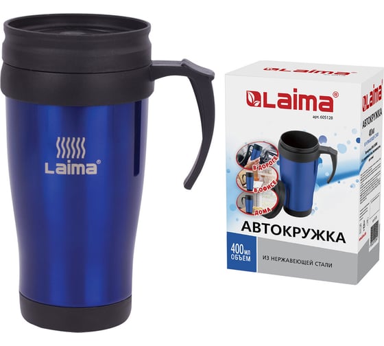 Изображение товара Термокружка ЛАЙМА LAIMA, 400 мл, нержавеющая сталь, пластиковая ручка, синяя 605128