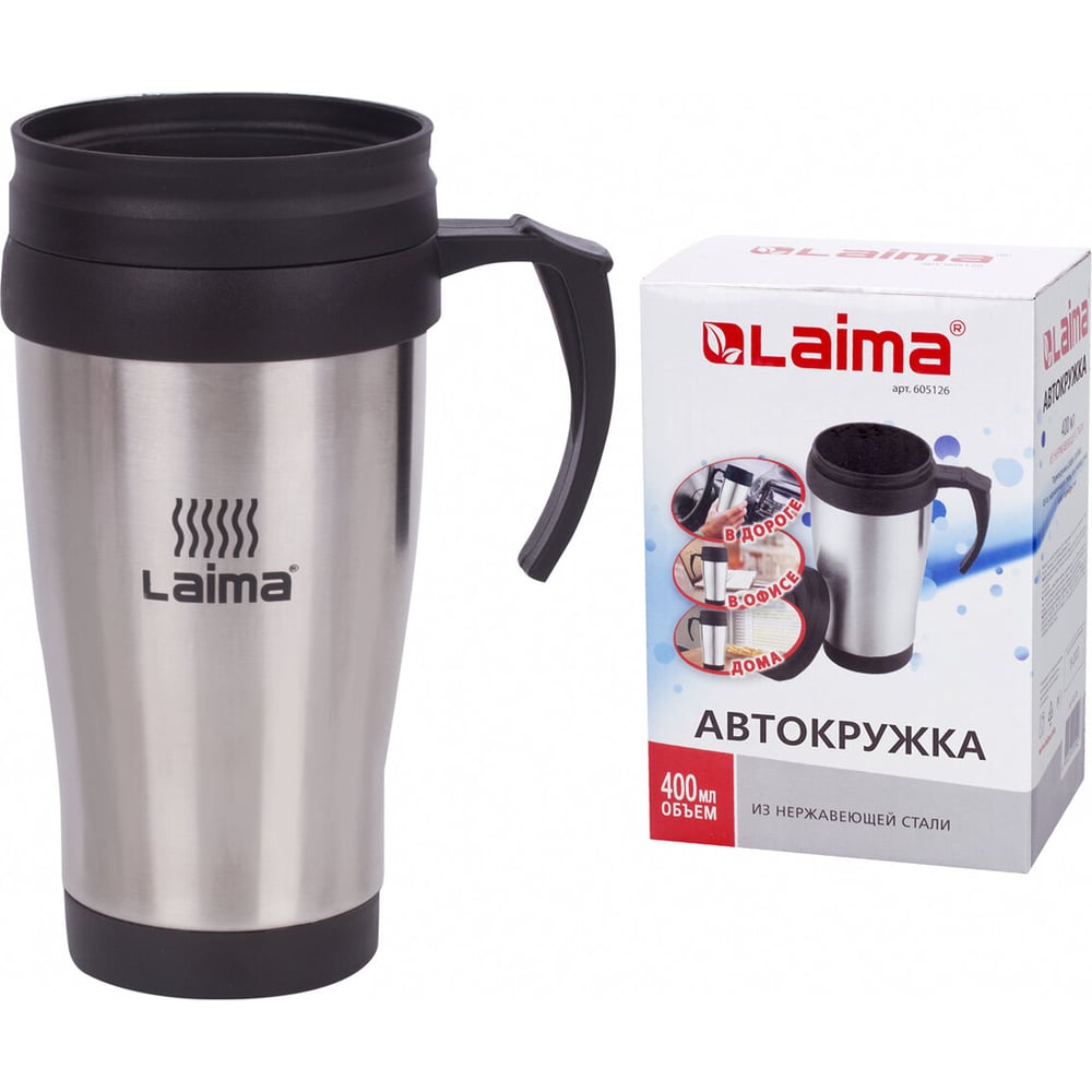 Изображение товара Термокружка ЛАЙМА LAIMA 400 мл нержавеющая сталь пластиковая ручка серебристая