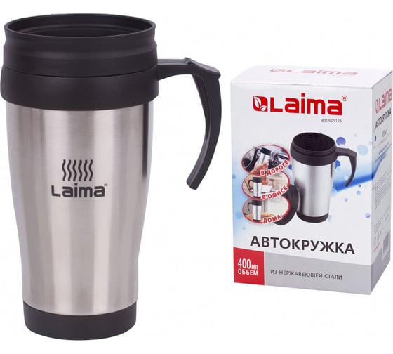 Изображение товара Термокружка ЛАЙМА LAIMA, 400 мл, нержавеющая сталь, пластиковая ручка, серебристая 605126