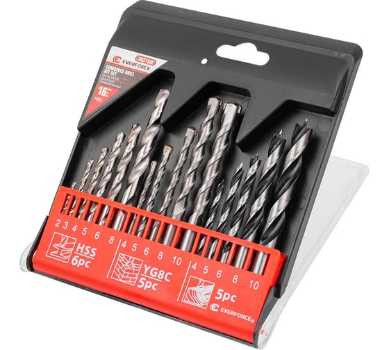 Изображение товара Сверла, набор комбинированный 16 шт, по металлу: 2-6, 8 мм; по бетону: 4-6, 8, 10 мм; по дереву: 4-6, 8, 10 мм EVERFORCE EF-DBS16M(60677)