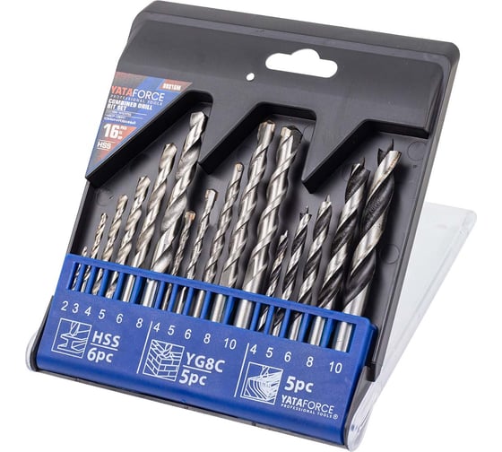 Изображение товара Сверла, набор комбинированный 16 шт (по металлу: 2-6, 8мм; по бетону: 4-6, 8, 10мм; по дереву: 4-6, 8, 10мм) YATAFORCE YF-DBS16M(60727)