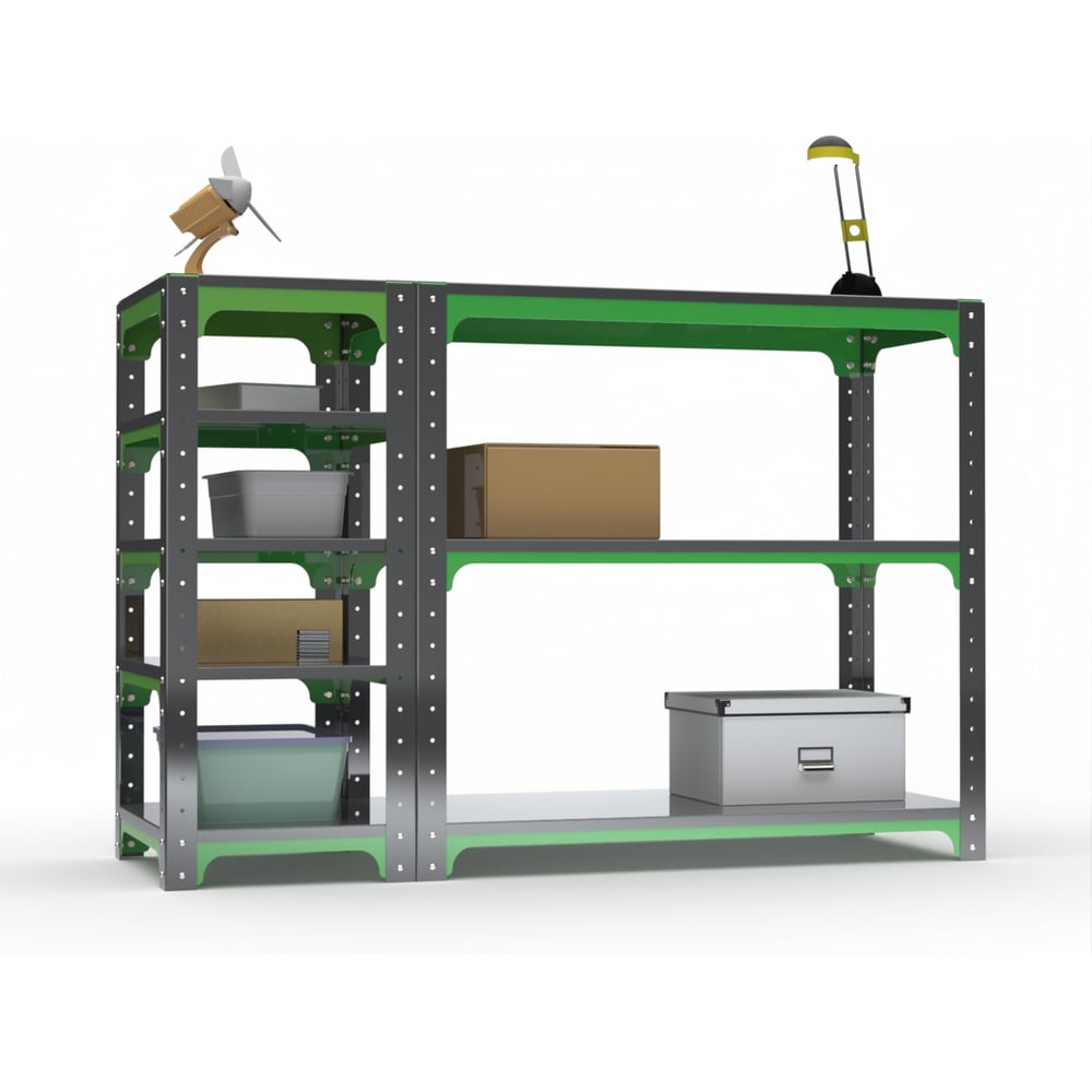 Изображение товара Стол-верстак металлический с боковыми полками 950х1700х500 серо-зеленый