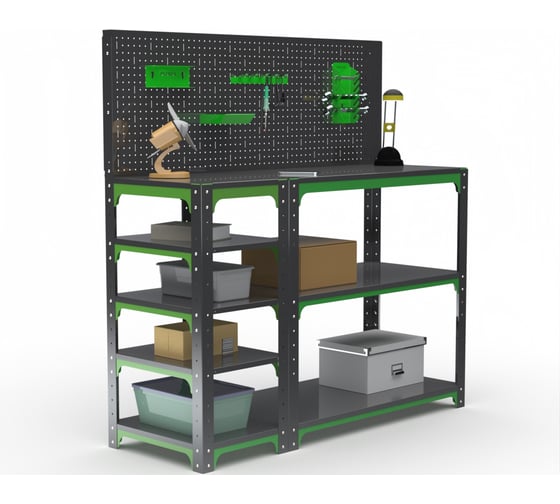 Изображение товара Стол-верстак ООО Металекс Metalex серия KIT 950х1300х500 с боковыми полками, перфопанелью и комплектом аксессуаров, серо-зеленый 204094