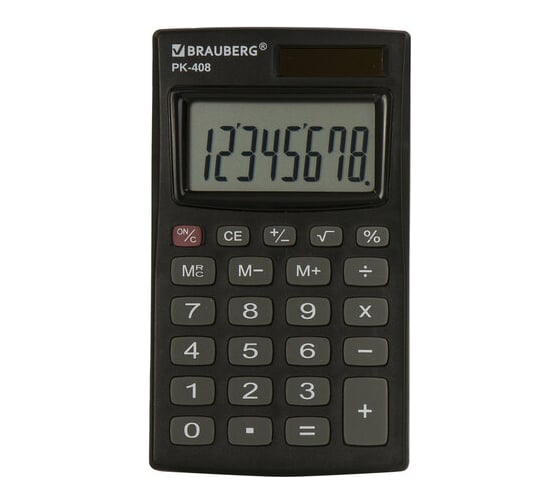 Изображение товара Карманный калькулятор BRAUBERG PK-408-BK 97x56 мм, 8 разрядов, двойное питание, черный 250517