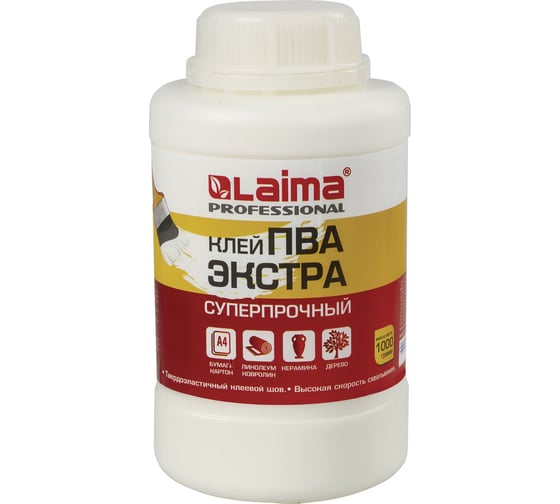 Изображение товара Клей ПВА LAIMA Экстра Суперпрочный 1 кг, керамика, ткань, кожа, дерево, бумага, картон 606432 