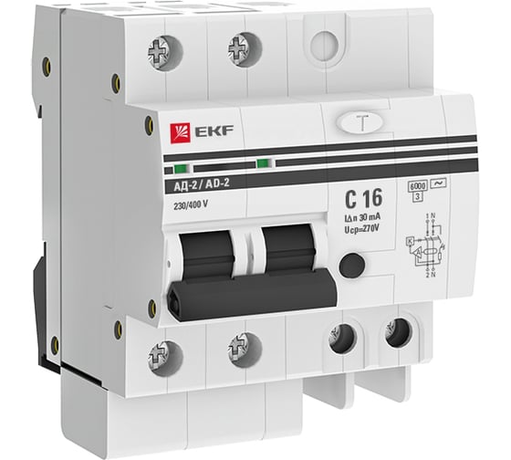 Изображение товара Дифференциальный автомат EKF PROxima АД-2, 16А, 30мА, характеристика C, АС, 270В 6кА DA2-6-16-30-pro