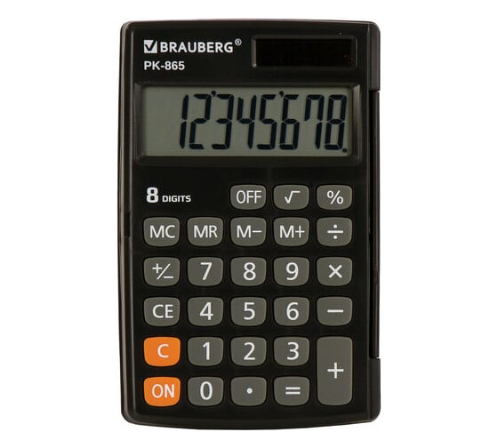 Изображение товара Карманный калькулятор BRAUBERG PK-865-BK 120x75 мм, 8 разрядов, двойное питание, черный 250524
