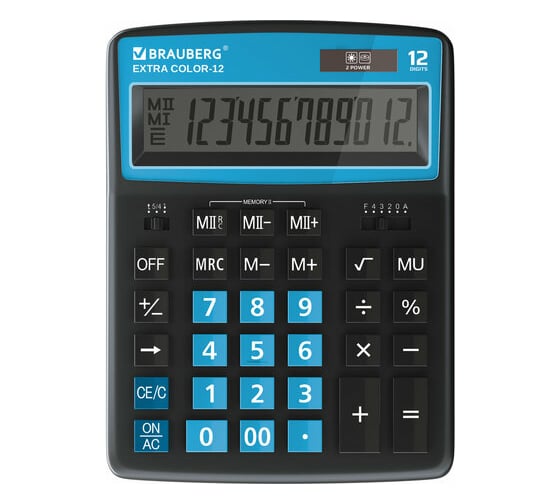 Изображение товара Настольный калькулятор BRAUBERG EXTRA COLOR-12-BKBU 206x155мм, 12 разрядов, черно-голубой 250476