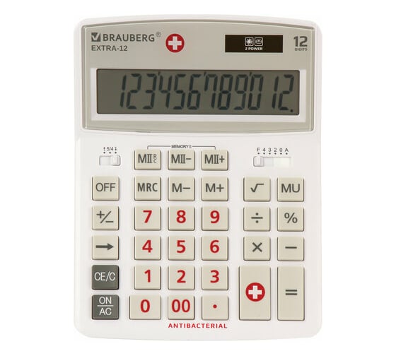 Изображение товара Настольный калькулятор BRAUBERG EXTRA-12-WAB 206x155 мм, 12 разрядов, антибактериал, белый 250490