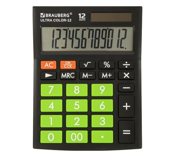 Изображение товара Настольный калькулятор BRAUBERG ULTRA COLOR-12-BKLG 192x143 мм, 12 разрядов, черно-салатовый 250498