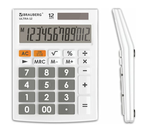 Изображение товара Настольный калькулятор BRAUBERG ULTRA-12-WT 192x143 мм, 12 разрядов, двойное питание, белый 250496