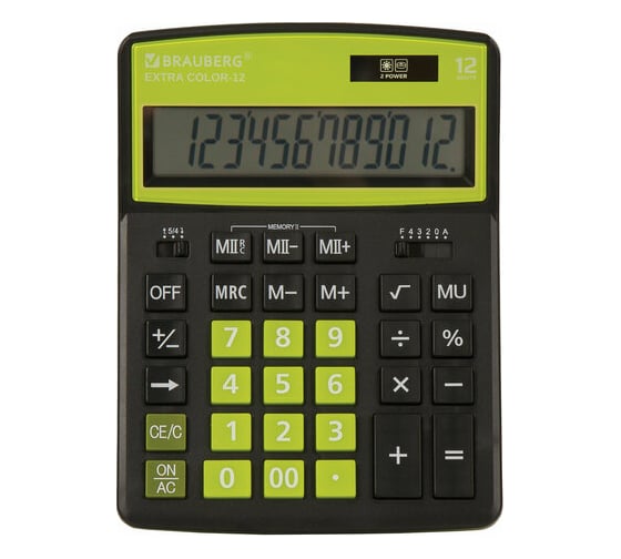 Изображение товара Настольный калькулятор BRAUBERG EXTRA COLOR-12-BKLG 206x155 мм, 12 разрядов, черно-салатовый 250477