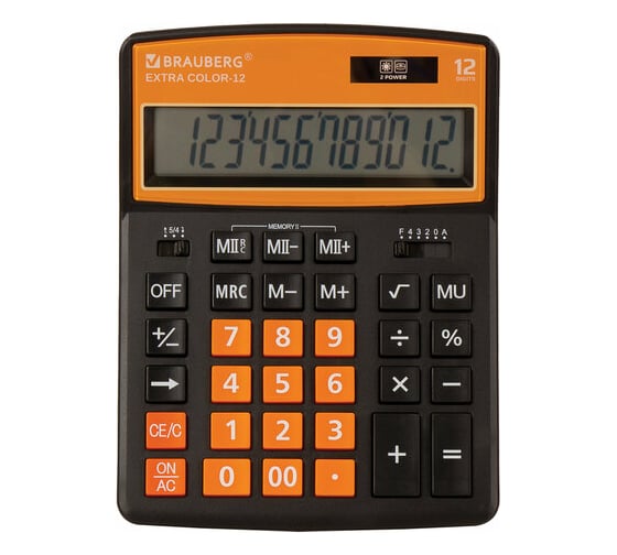 Изображение товара Настольный калькулятор BRAUBERG EXTRA COLOR-12-BKRG 206x155 мм, 12 разрядов, черно-оранжевый 250478