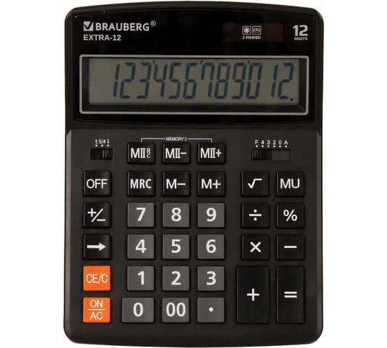 Изображение товара Настольный калькулятор BRAUBERG EXTRA-12-BK 206x155 мм, 12 разрядов, двойное питание, черный, 250481
