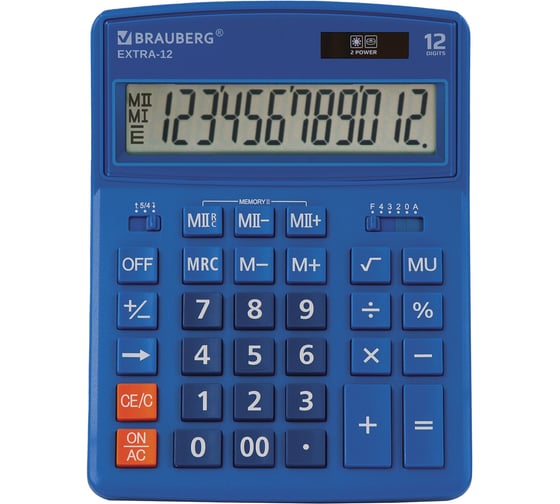 Изображение товара Настольный калькулятор BRAUBERG EXTRA-12-BU 206x155 мм, 12 разрядов, двойное питание, синий 250482