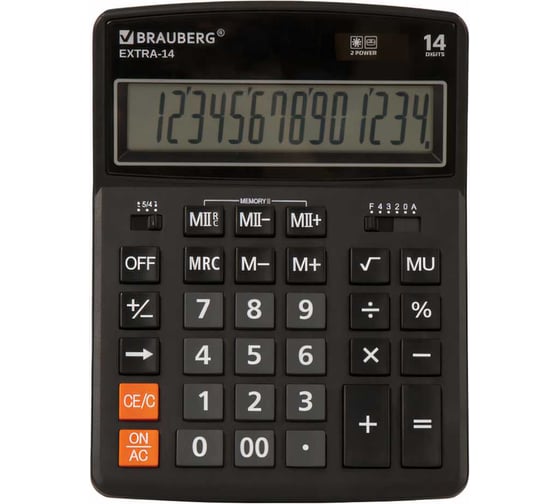 Изображение товара Настольный калькулятор BRAUBERG EXTRA-14-BK 206x155 мм, 14 разрядов, двойное питание, черный 250474