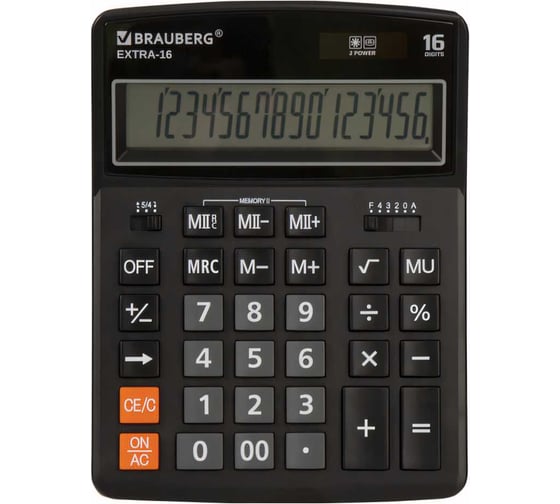 Изображение товара Настольный калькулятор BRAUBERG EXTRA-16-BK 206x155 мм, 16 разрядов, двойное питание, черный 250475