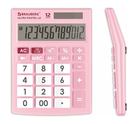 Изображение товара Настольный калькулятор BRAUBERG ULTRA PASTEL-12-PK 192x143 мм, 12 разрядов, розовый, 250503