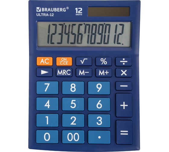 Изображение товара Настольный калькулятор BRAUBERG ULTRA-12-BU 192x143 мм, 12 разрядов, двойное питание, синий, 250492