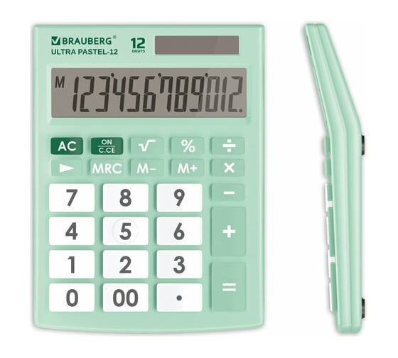 Изображение товара Настольный калькулятор BRAUBERG ULTRA PASTEL-12-LG 192x143 мм, 12 разрядов, мятный, 250504