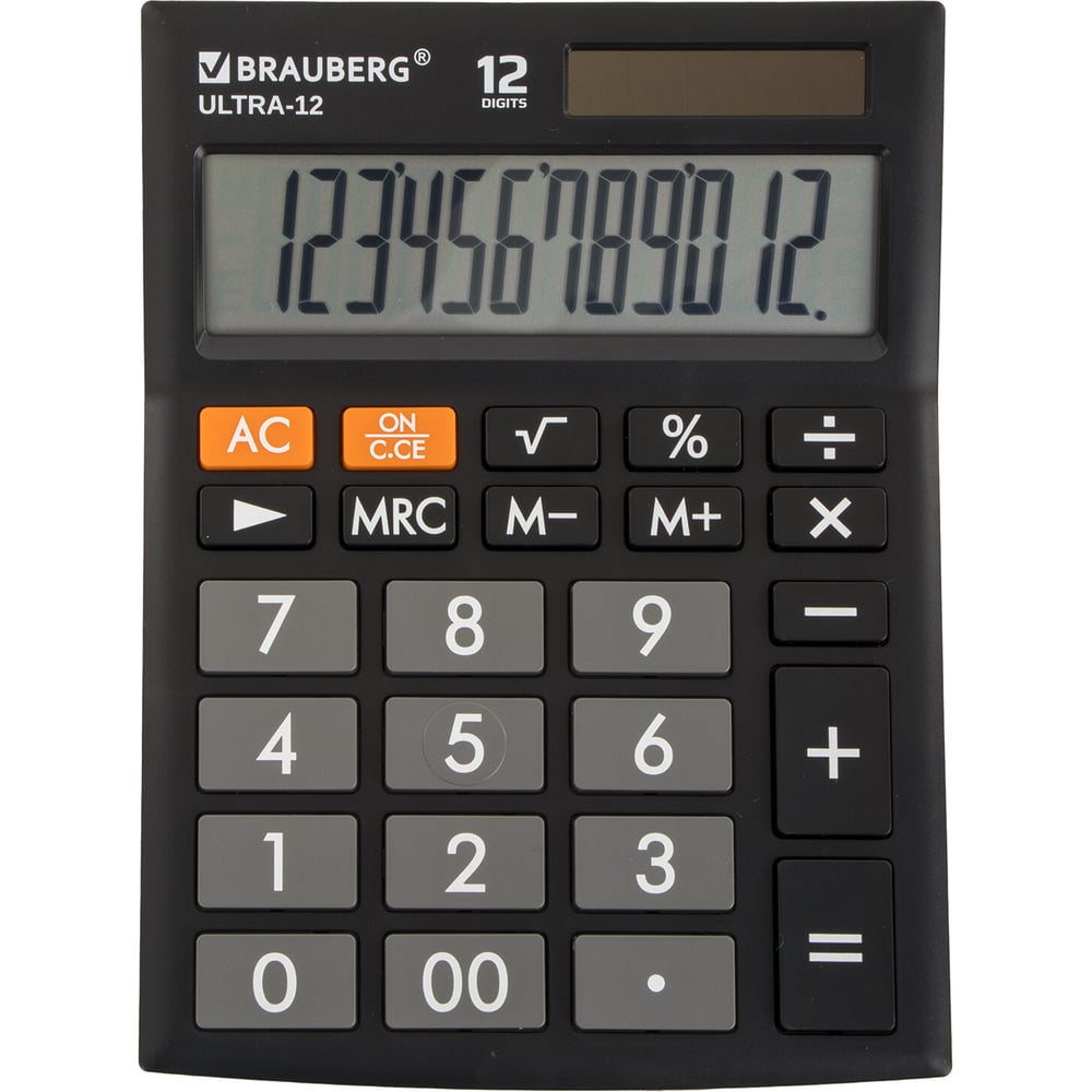 Изображение товара Настольный калькулятор BRAUBERG ULTRA-12-BK 192x143 мм, 12 разрядов, двойное питание, черный, 250491