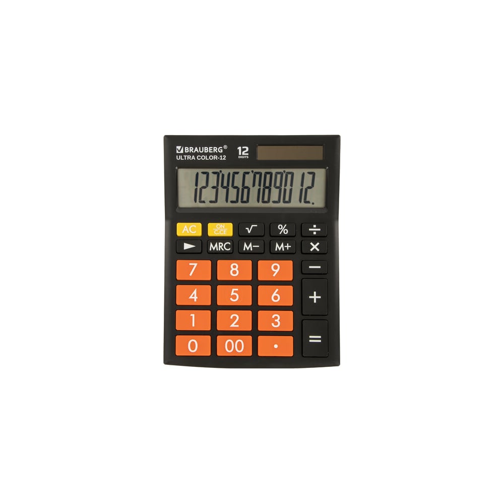 Настольный калькулятор BRAUBERG ULTRA COLOR-12-BKRG 192x143 мм, 12 разрядов, черно-оранжевый, 250499 предназначен для совершения различных вычислений. Производит все основные арифметические действия: возведение в степень, вычисления с процентами, извлечение квадратного корня. Переключатели округления и положения десятичного знака помогают легко задать нужные настройки. Устойчивый корпус калькулятора и крупная клавиатура позволяют работать эффективнее.