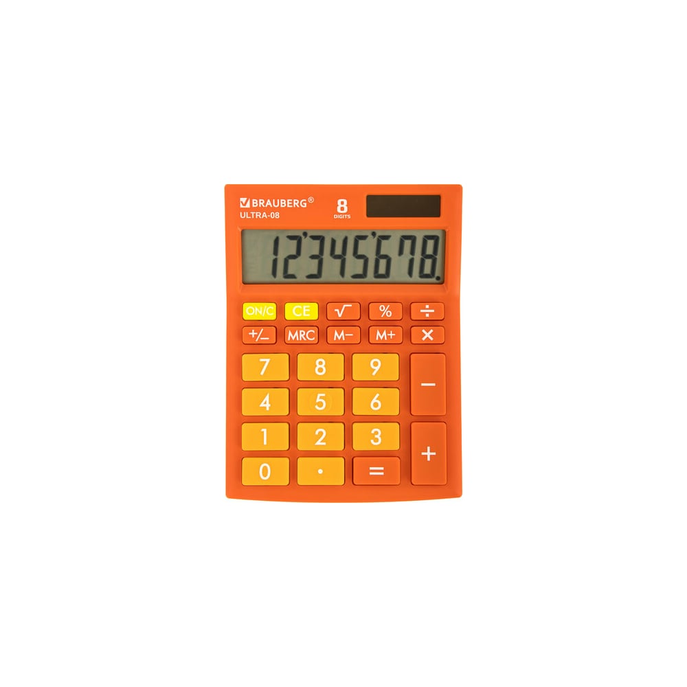 Настольный компактный калькулятор BRAUBERG ULTRA-08-RG, 154x115 мм, 8 разрядов, оранжевый, 250511 предназначен для совершения различных вычислений. Благодаря миниатюрным размерам не занимает много места на столе. Производит все основные арифметические действия, за счет чего подходит для разных задач. Калькулятор имеет прочный корпус, поэтому защищен от ударов и повреждений.