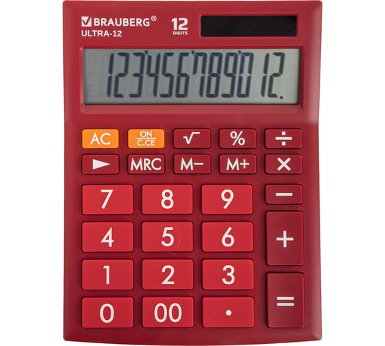 Изображение товара Настольный калькулятор BRAUBERG ULTRA-12-WR 192x143 мм, 12 разрядов, двойное питание, бордовый, 250494