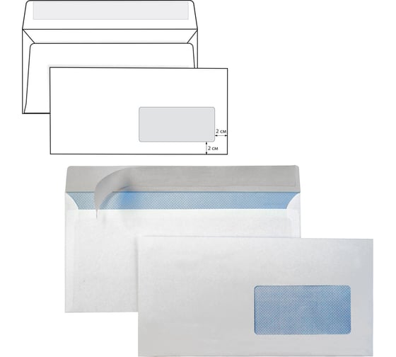 Изображение товара Конверты ОФИСМАГ E65 110х220 мм ПРАВОЕ ОКНО, отрывная лента, 80 г/кв.м, комплект 1000 шт, внутренняя запечатка Е65.03СО 128296