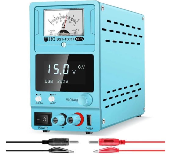 Изображение товара Лабораторный источник питания BestTool BST-1503T 15В, 3А, цифровой и аналоговый дисплей, 1 канал 170917