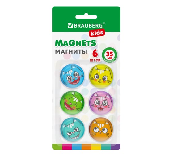 Изображение товара Магниты стеклянные BRAUBERG 35 мм, набор 6 шт, 3D Коты, KIDS, круглые, блистер 272516