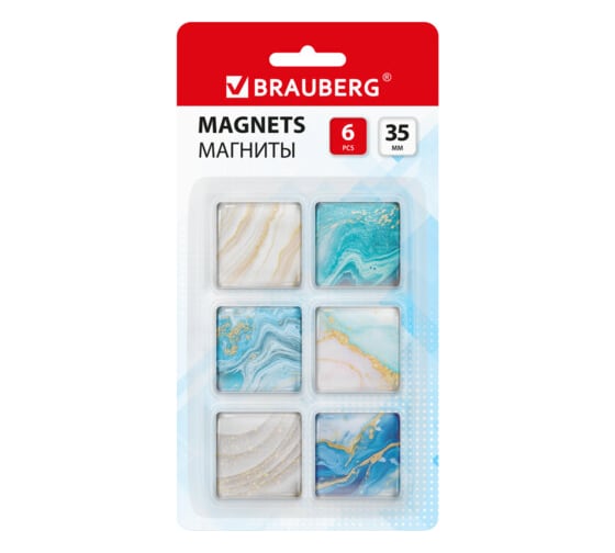 Изображение товара Магниты стеклянные BRAUBERG квадратные 35 мм, набор 6 шт, Мрамор, Glass, блистер 272512