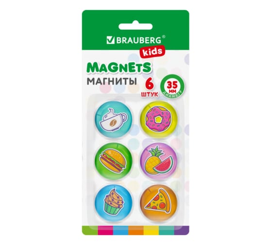 Изображение товара Магниты стеклянные BRAUBERG 35 мм, набор 6 шт, 3D Street Food, KIDS, круглые, блистер 272515