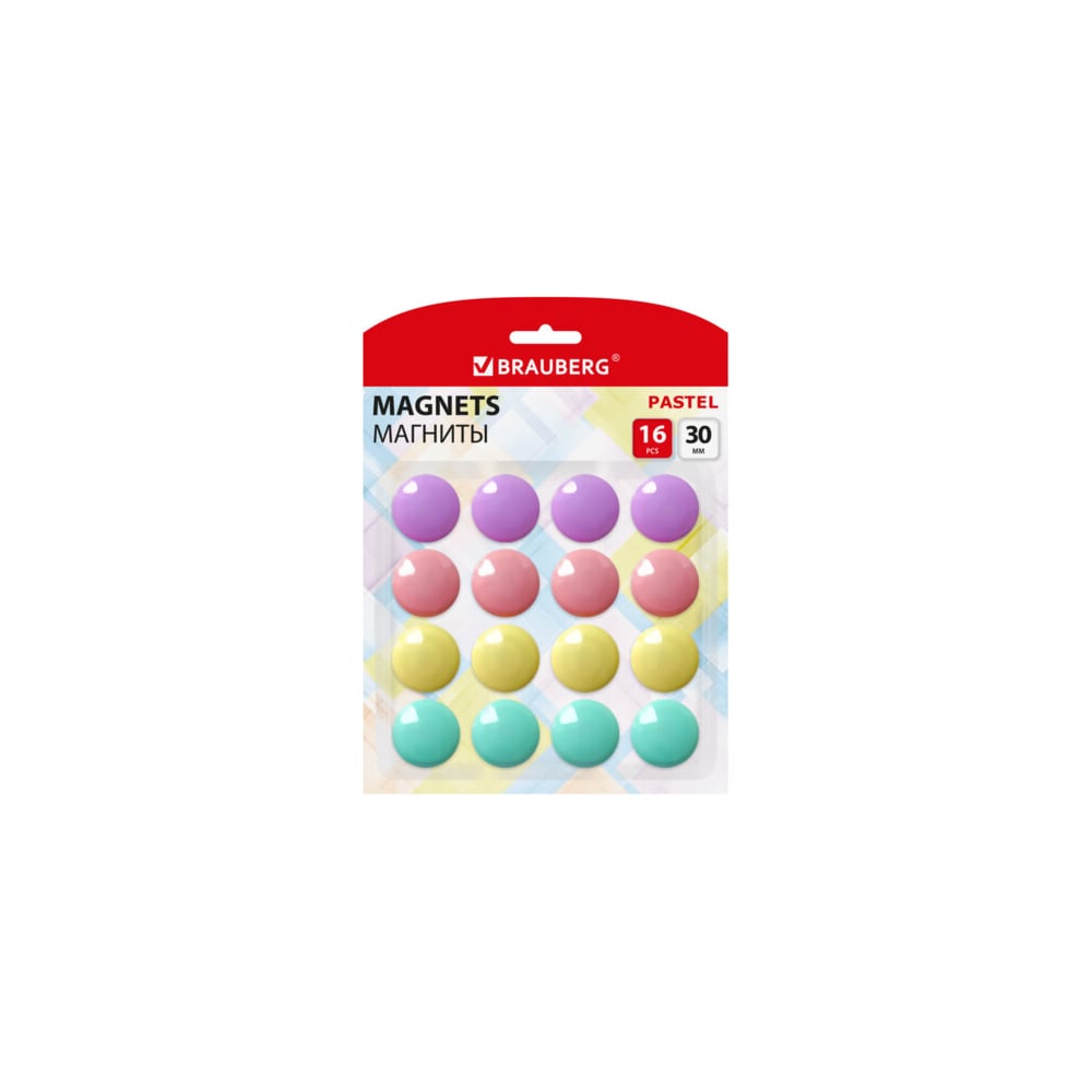 Изображение товара Магниты BRAUBERG 30 мм, набор 16 шт, PASTEL, блистер 272519