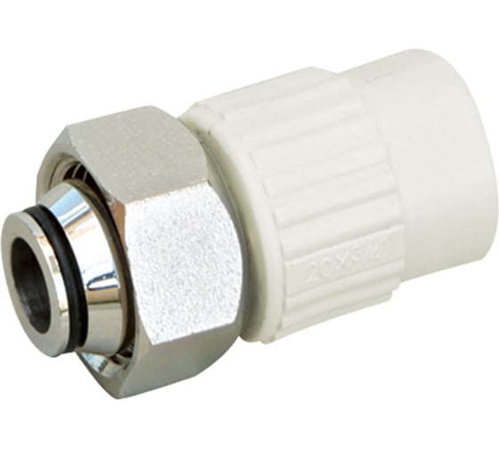 Изображение товара Муфта комбинированная полипропиленовая 20×3/4" прямая с накидной гайкой (евроконус), белая (PPR фитинг для труб, сварное соединение) Millennium FT05301