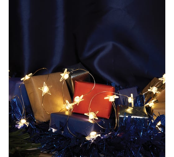 Изображение товара Светодиодная гирлянда FERON CL589 линейная Звездочки на проволоке, 2700К, с питанием от батареек, прозрачный шнур 2.3м, 51445