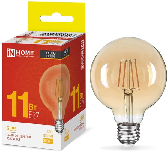 Изображение товара Лампа IN HOME сд LED-GL95-deco gold 11Вт 230В E27 3000K 1040Лм золотистая 4690612056043 00-00297742