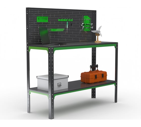 Изображение товара Стол-верстак ООО Металекс серия KIT 950х1200х600 мм, одна полка + перфопанель с комплектом аксессуаров, серо-зеленый 204156