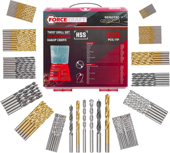 Изображение товара Сверла, набор комбинированный 130 шт (по металлу: 1-6, 8, 10мм; по бетону: 4-6, 8, 10мм; по дереву: 4-6, 8, 10мм) Forcekraft FK-924U130(60679)
